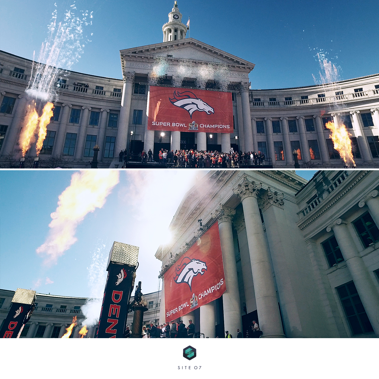 Pyrotechnics at the Denver Broncos Super Bowl celebration.